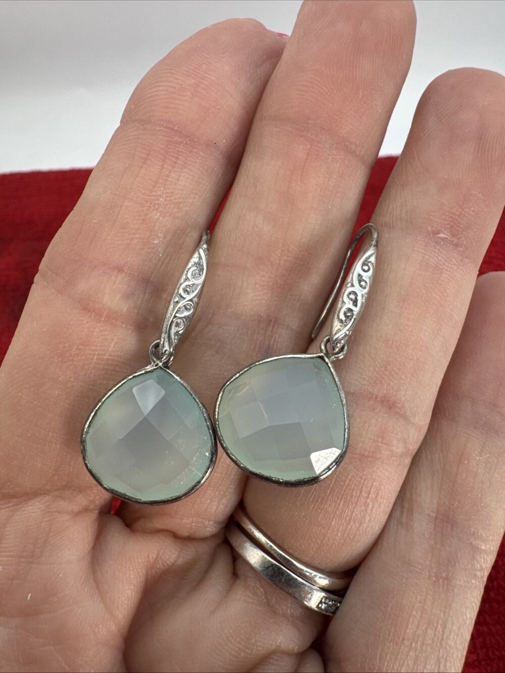 Aqua Chalcedony Sterling Silver 925 Crystal Faceted Dangle Drop Earrings 5.50g